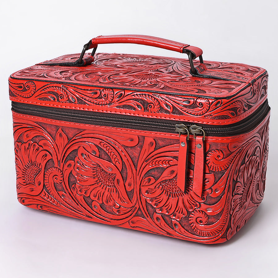 American Darling Western Hand Tooled Leather Jewelry Case | Handcrafted Travel Makeup Bag with Handle and Divided Interior