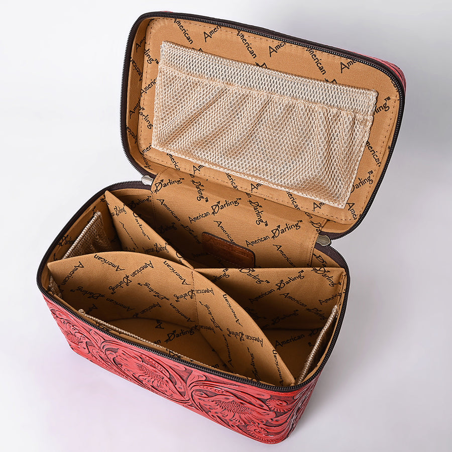 American Darling Western Hand Tooled Leather Jewelry Case | Handcrafted Travel Makeup Bag with Handle and Divided Interior