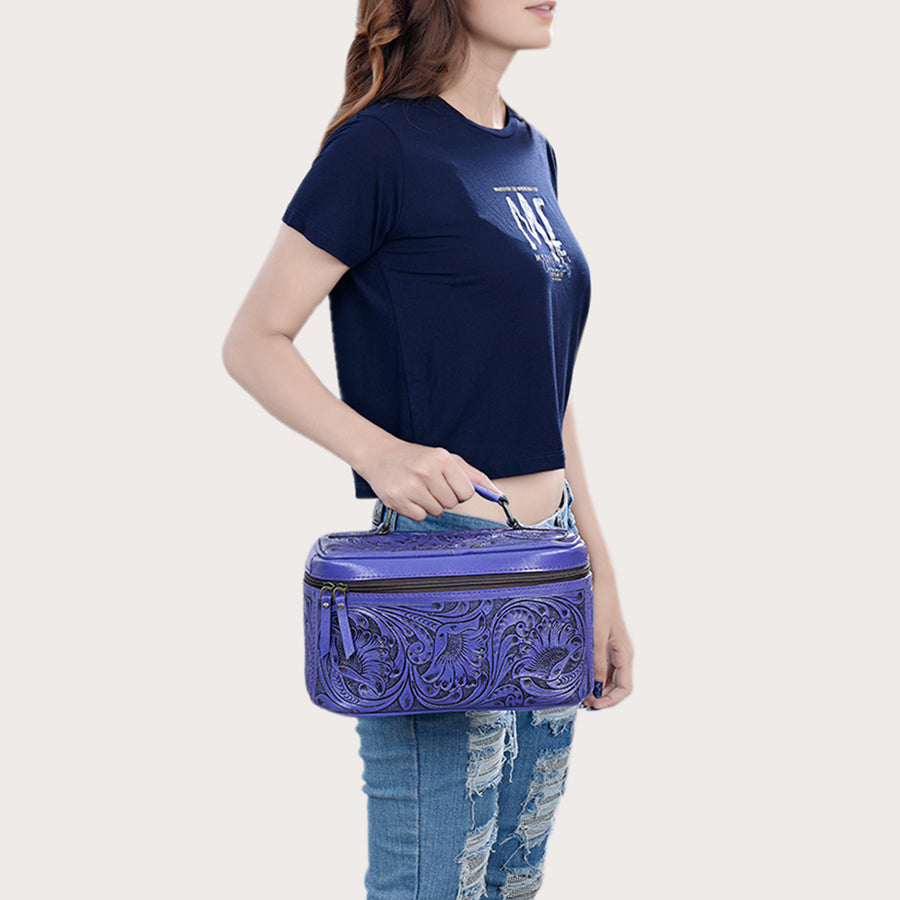 American Darling Western Hand Tooled Leather Jewelry Case | Handcrafted Travel Makeup Bag with Handle and Divided Interior