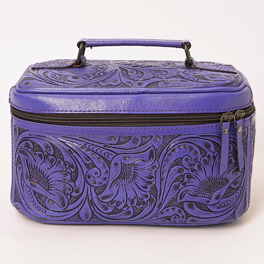 American Darling Western Hand Tooled Leather Jewelry Case | Handcrafted Travel Makeup Bag with Handle and Divided Interior