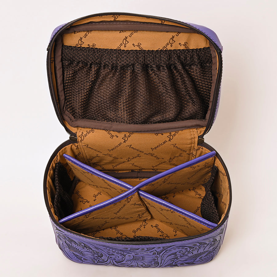American Darling Western Hand Tooled Leather Jewelry Case | Handcrafted Travel Makeup Bag with Handle and Divided Interior