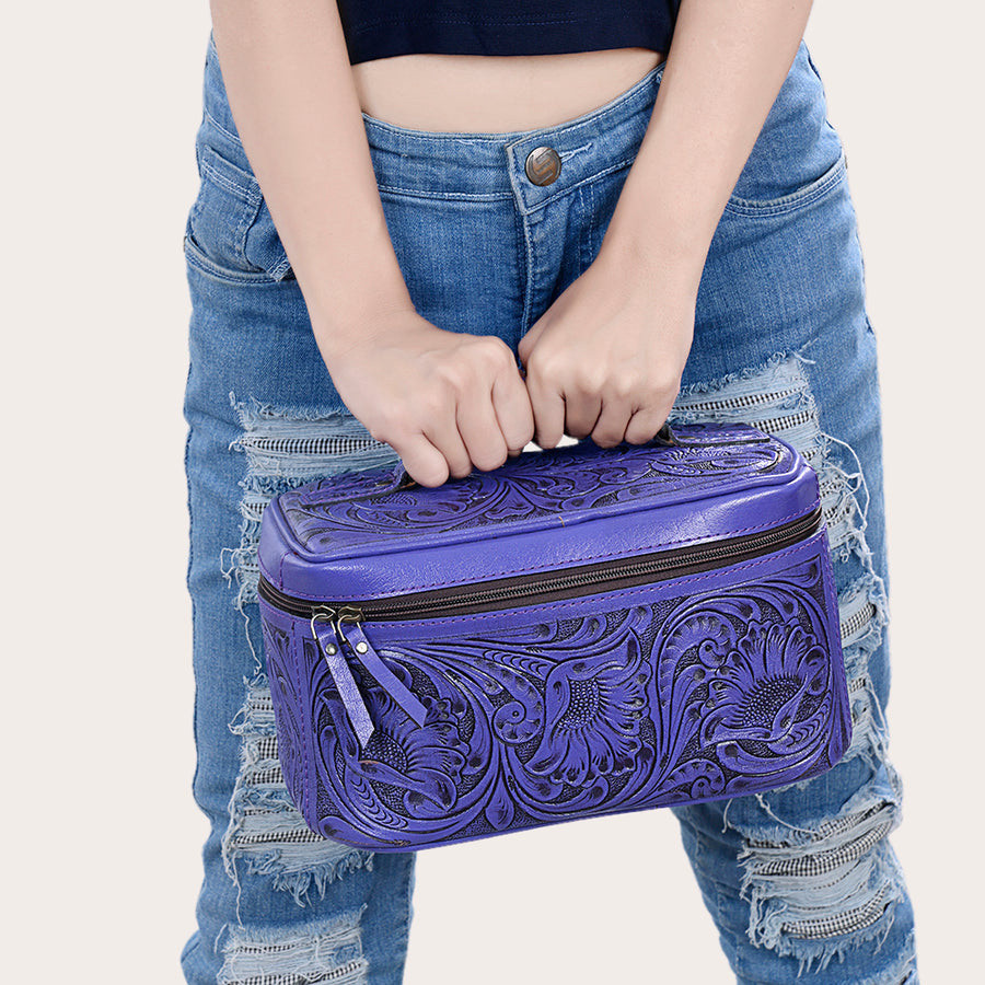 American Darling Western Hand Tooled Leather Jewelry Case | Handcrafted Travel Makeup Bag with Handle and Divided Interior