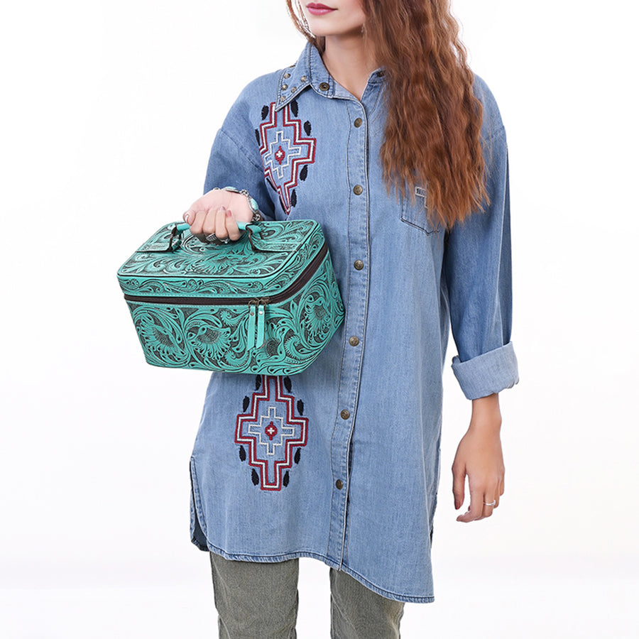 American Darling Western Hand Tooled Leather Jewelry Case | Handcrafted Travel Makeup Bag with Handle and Divided Interior