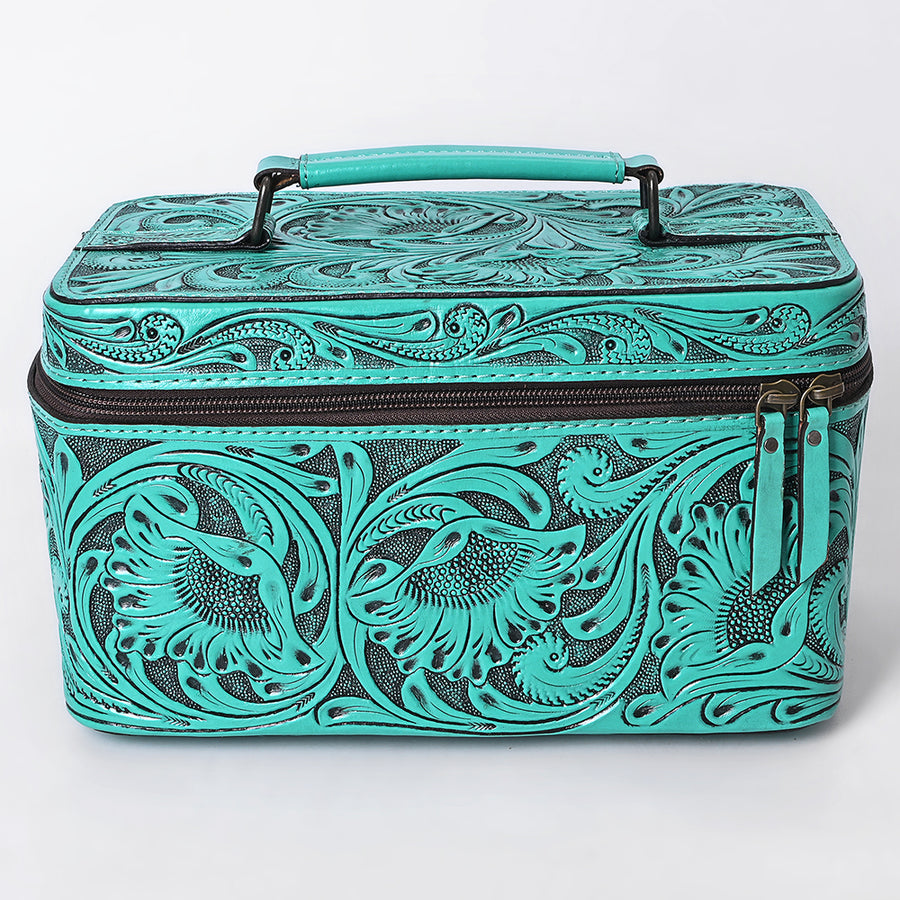 American Darling Western Hand Tooled Leather Jewelry Case | Handcrafted Travel Makeup Bag with Handle and Divided Interior