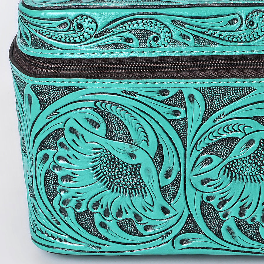 American Darling Western Hand Tooled Leather Jewelry Case | Handcrafted Travel Makeup Bag with Handle and Divided Interior