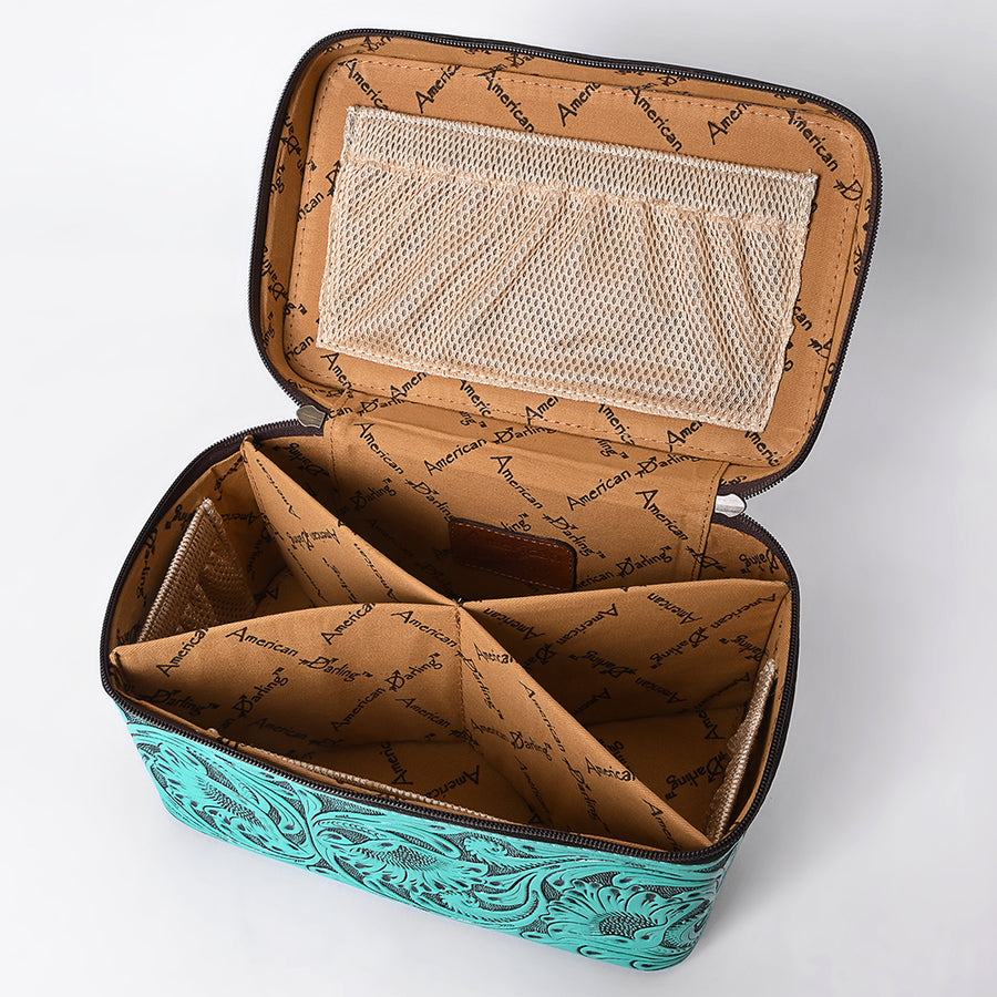 American Darling Western Hand Tooled Leather Jewelry Case | Handcrafted Travel Makeup Bag with Handle and Divided Interior