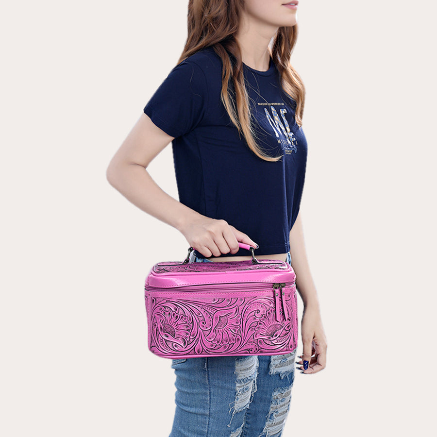 American Darling Western Hand Tooled Leather Jewelry Case | Handcrafted Travel Makeup Bag with Handle and Divided Interior