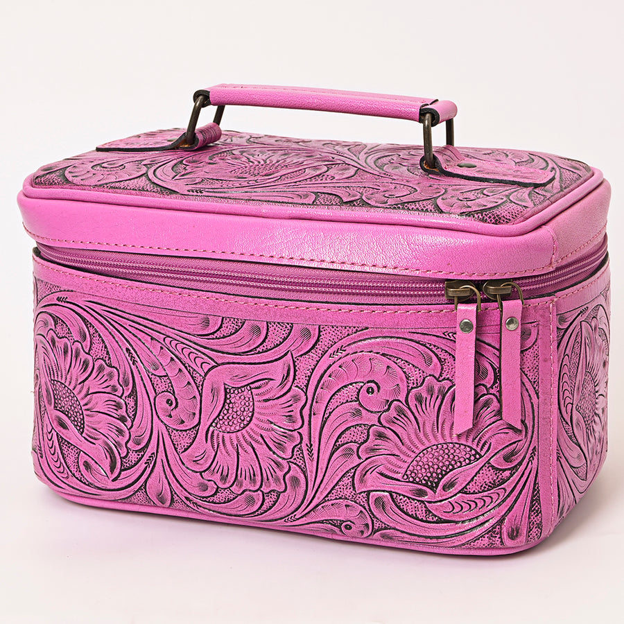 American Darling Hand Tooled Leather Jewelry Case | Pink Western Travel Bag - Uhorse