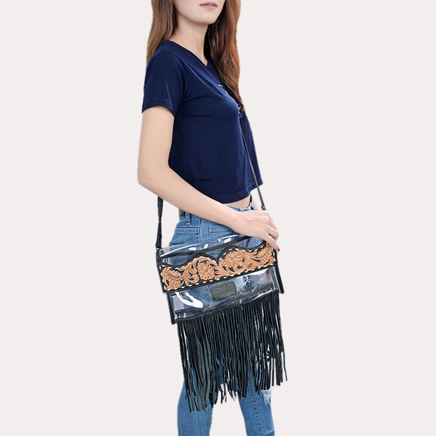American Darling Clear Western Crossbody with Fringe – Hand-Tooled Genuine Leather Bag