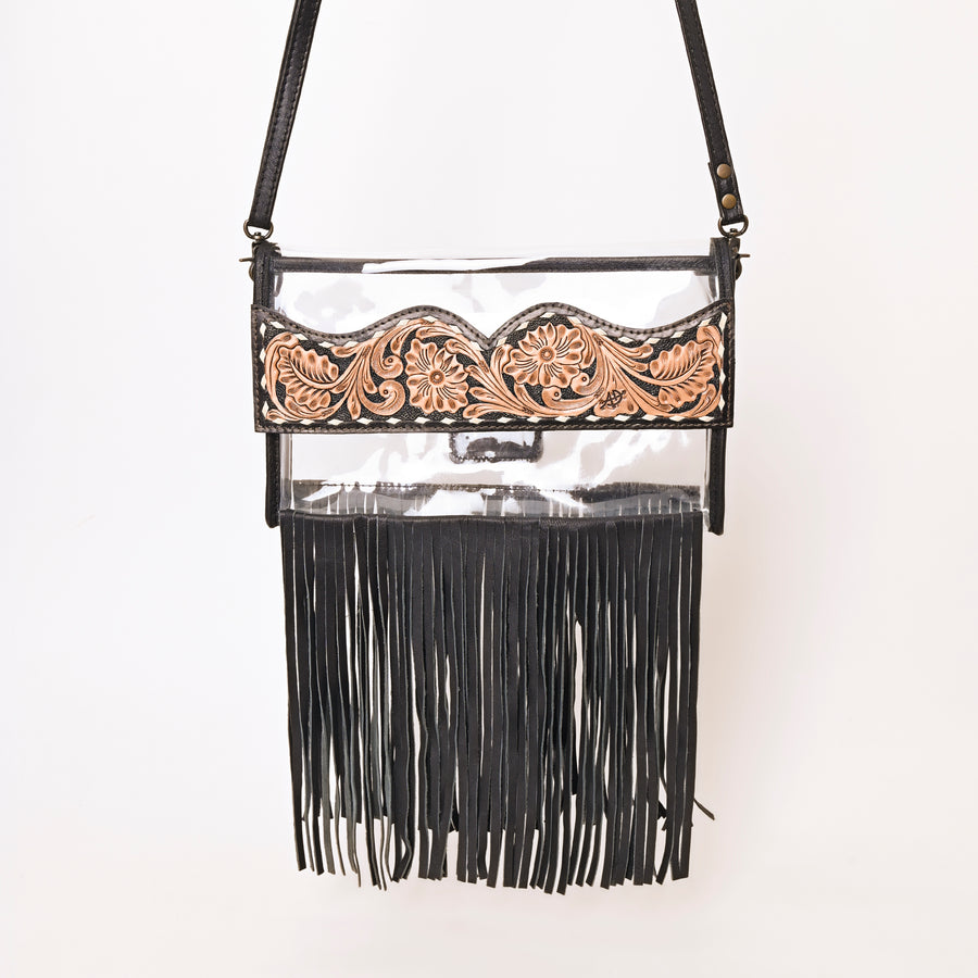 American Darling Clear Western Crossbody with Fringe – Hand-Tooled Genuine Leather Bag