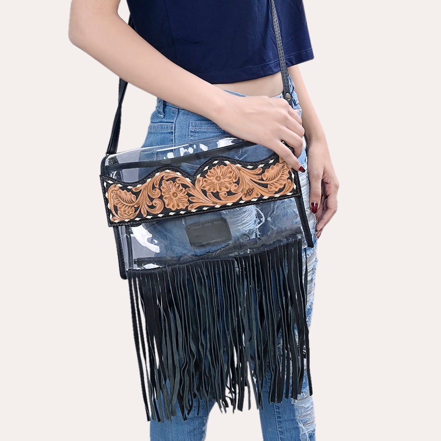 American Darling Clear Western Crossbody with Fringe – Hand-Tooled Genuine Leather Bag