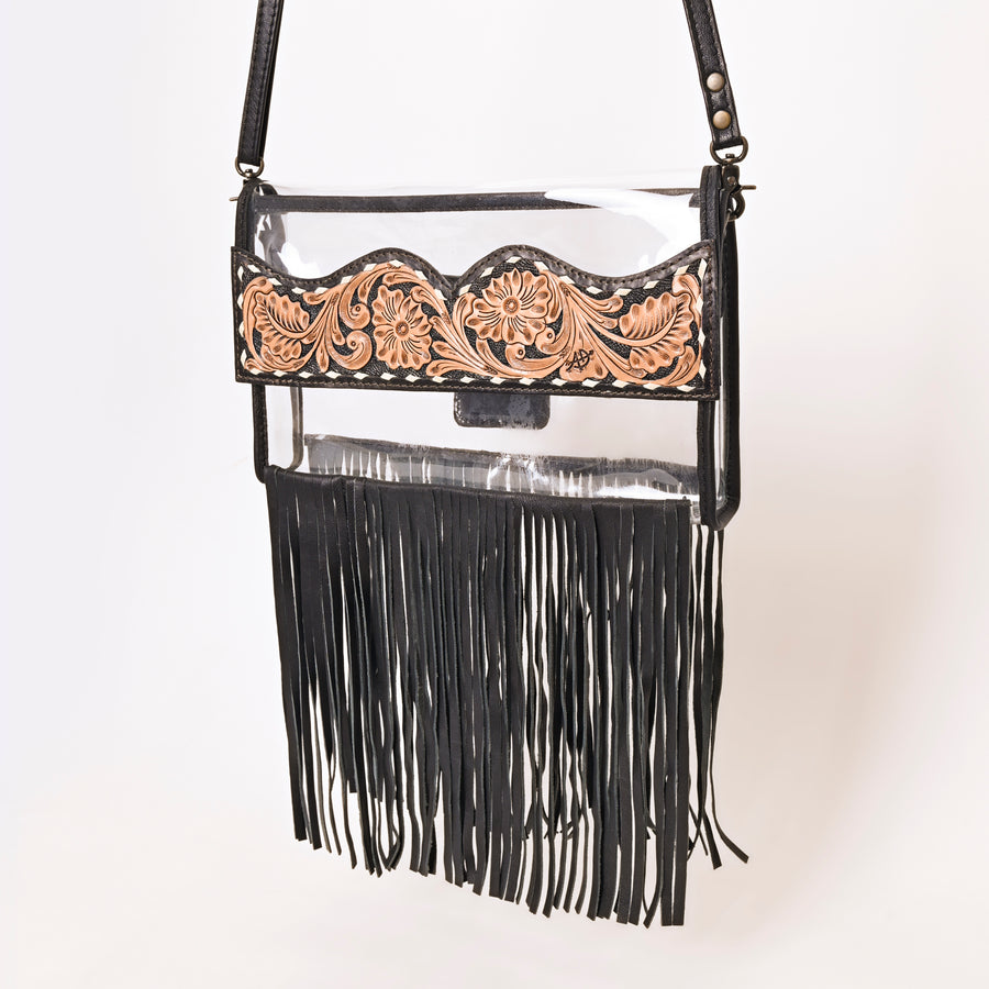 American Darling Hand-Tooled Leather Clear Western Crossbody Bag with Fringe - Genuine Leather - Uhorse