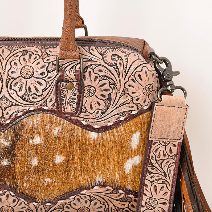 American Darling Hand-Tooled Leather & Hair-On Cowhide Tote Bag with Fringe – Genuine Leather Western Handbag for Everyday & Travel