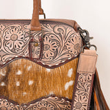 American Darling Hand-Tooled Leather & Hair-On Cowhide Tote Bag with Fringe – Genuine Leather Western Handbag for Everyday & Travel