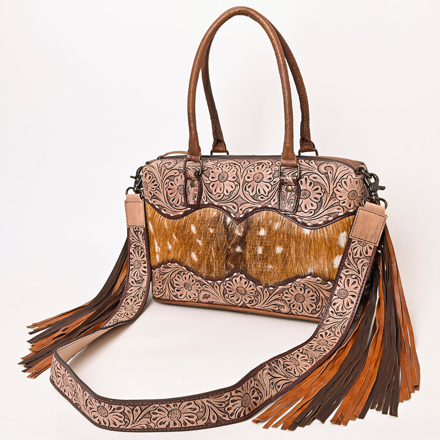 American Darling Hand-Tooled Leather and Hair-On Cowhide Western Tote Bag with Fringe - Genuine Leather - Uhorse