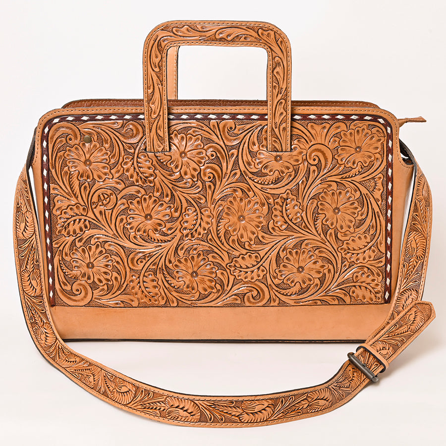 American Darling Hand-Tooled Genuine Leather Briefcase Bag – Floral Carved Western Handbag with Handles & Strap for Everyday Carry
