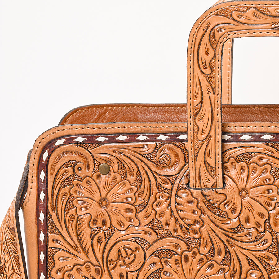 American Darling Hand-Tooled Genuine Leather Briefcase Bag – Floral Carved Western Handbag with Handles & Strap for Everyday Carry