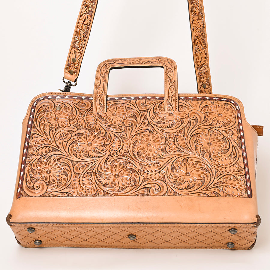 American Darling Hand-Tooled Genuine Leather Briefcase Bag – Floral Carved Western Handbag with Handles & Strap for Everyday Carry