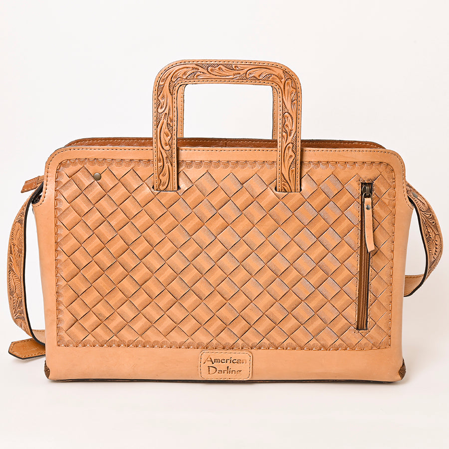 American Darling Hand-Tooled Genuine Leather Briefcase Bag – Floral Carved Western Handbag with Handles & Strap for Everyday Carry