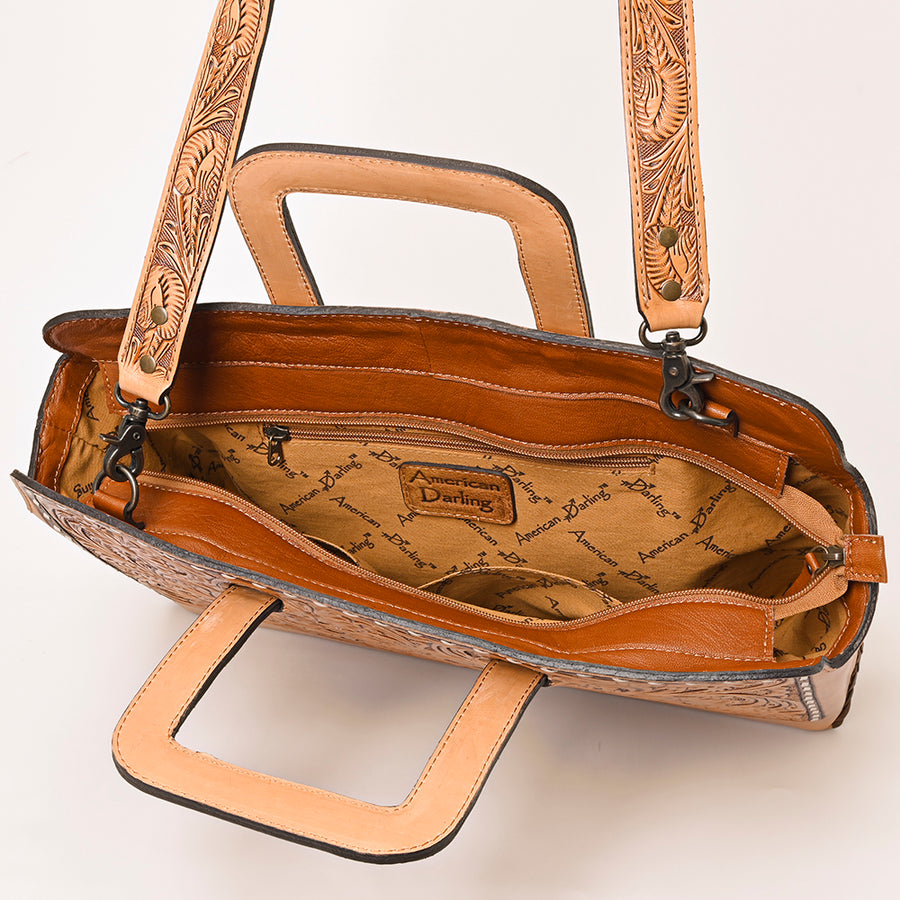 American Darling Hand-Tooled Genuine Leather Briefcase Bag – Floral Carved Western Handbag with Handles & Strap for Everyday Carry