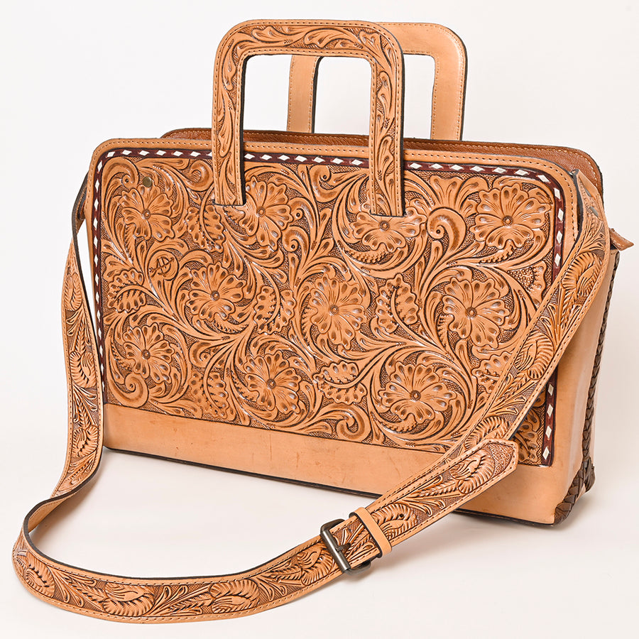 American Darling Hand-Tooled Genuine Leather Western Briefcase Bag - Floral Carved Artisan Handbag - Uhorse