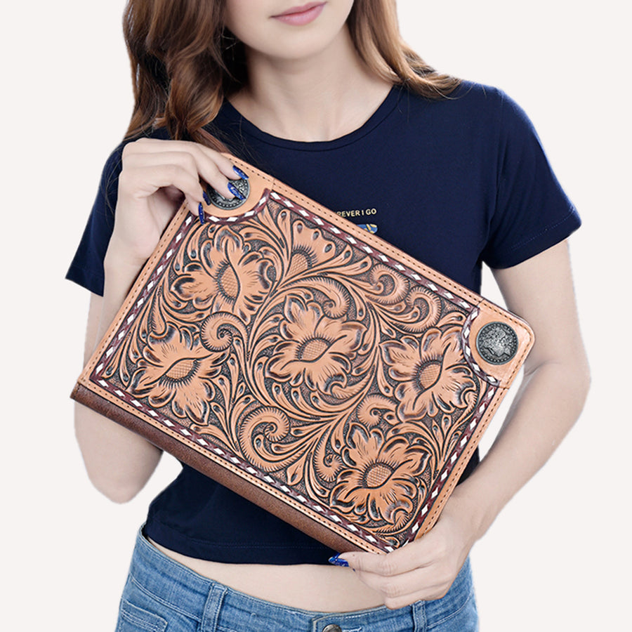 American Darling Hand-Tooled Genuine Leather Portfolio Bag – Floral Carved Western Document Holder for Work & Everyday Organization