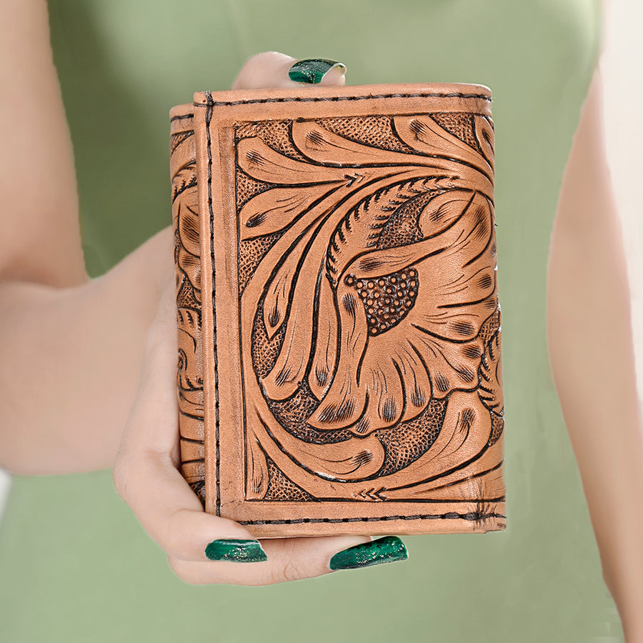 American Darling Hand-Tooled Genuine Leather Trifold Wallet – Floral Carved Western Wallet with Multiple Card Slots & Secure Storage