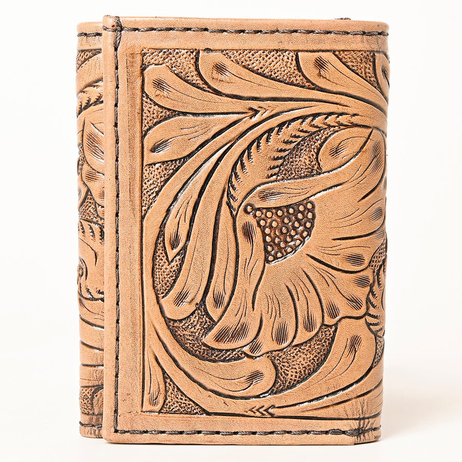 American Darling Hand-Tooled Genuine Leather Trifold Wallet – Floral Carved Western Wallet with Multiple Card Slots & Secure Storage