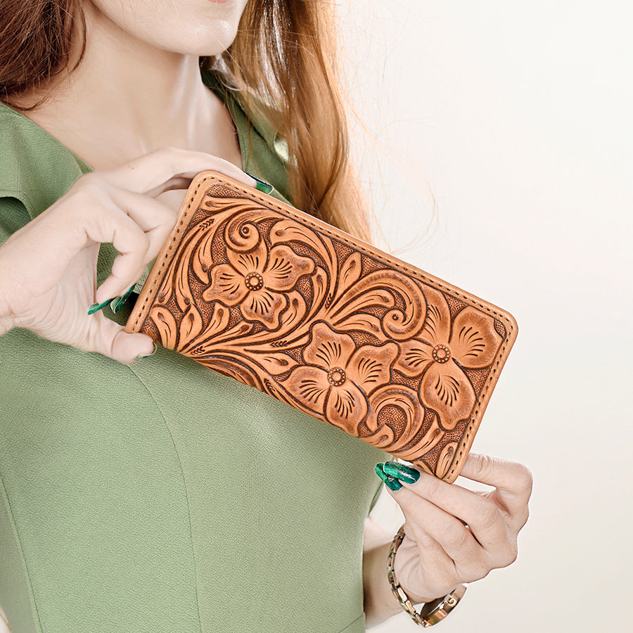 American Darling Hand-Tooled Genuine Leather Wallet Handbag – Floral Carved Western Women’s Wallet with Card Slots & Bill Compartments