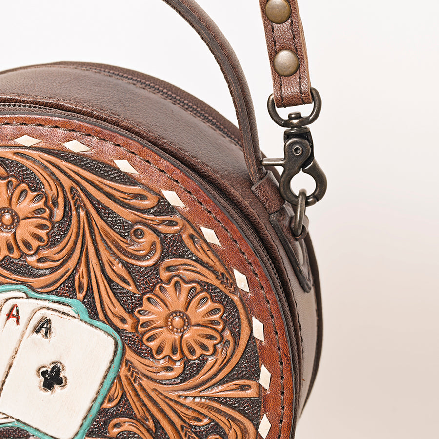 American Darling Western Round Canteen Bag Handcrafted from Tooled Genuine Leather | Playing Card Theme, Buckstitch & YKK Zipper