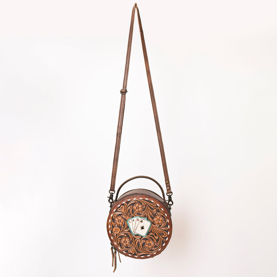 American Darling Western Round Canteen Bag Handcrafted from Tooled Genuine Leather | Playing Card Theme, Buckstitch & YKK Zipper