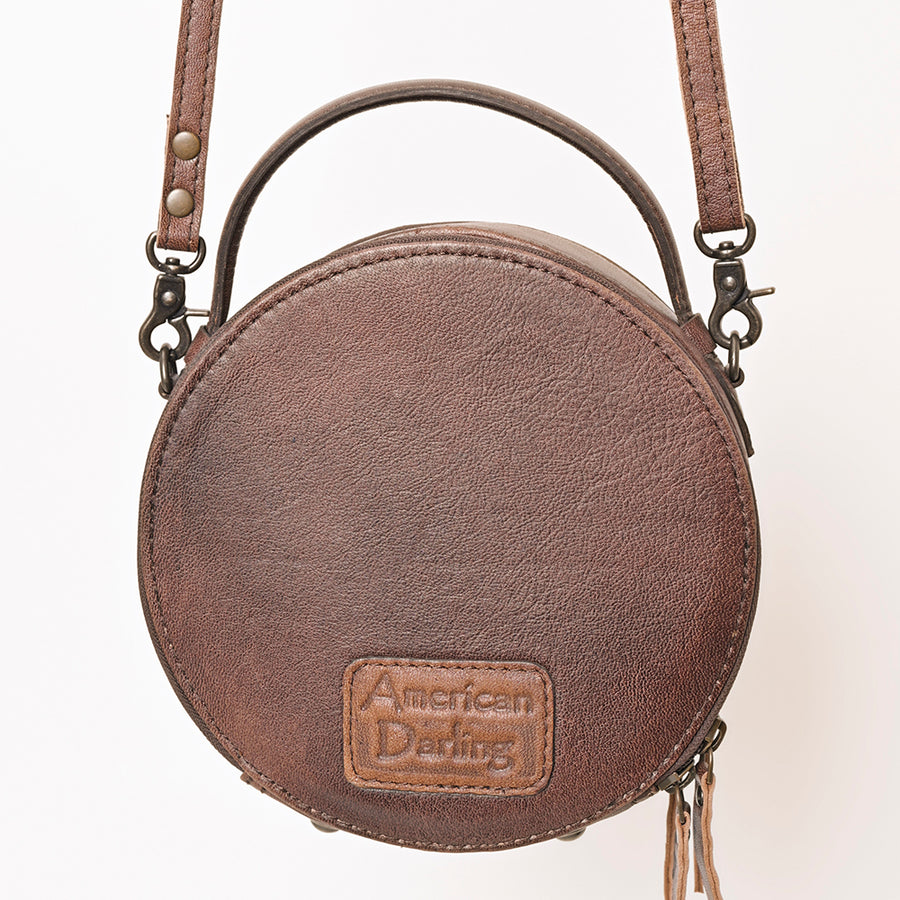 American Darling Western Round Canteen Bag Handcrafted from Tooled Genuine Leather | Playing Card Theme, Buckstitch & YKK Zipper