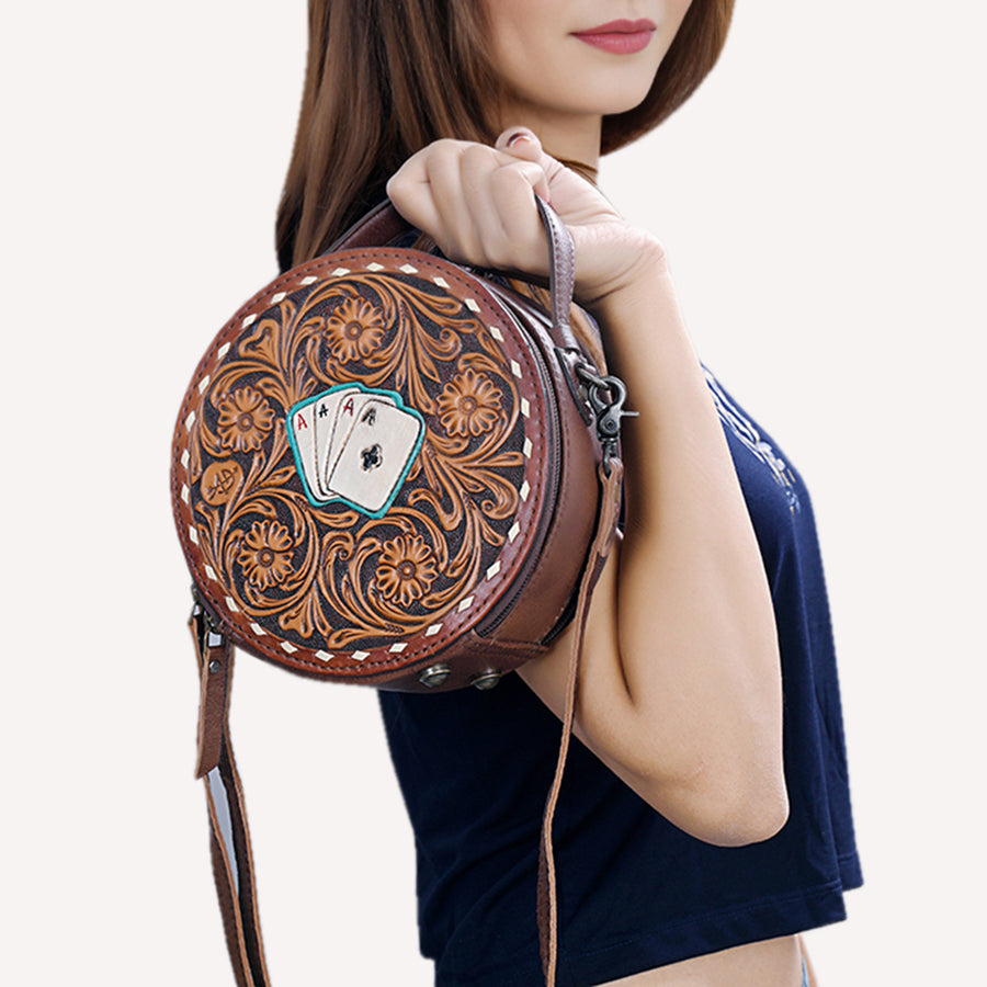 American Darling Western Round Canteen Bag Handcrafted from Tooled Genuine Leather | Playing Card Theme, Buckstitch & YKK Zipper