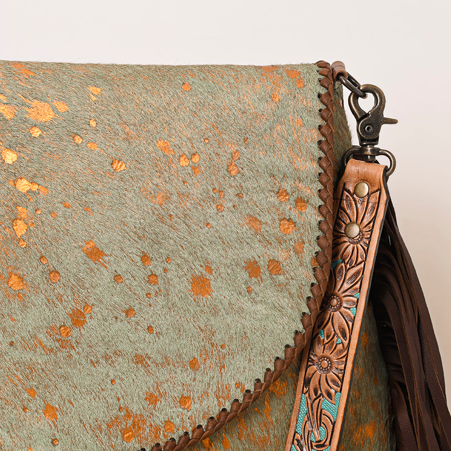 American Darling Large Western Saddlebag Handcrafted from Cowhide | Fringe Detail & Tooled Strap Crossbody Purse