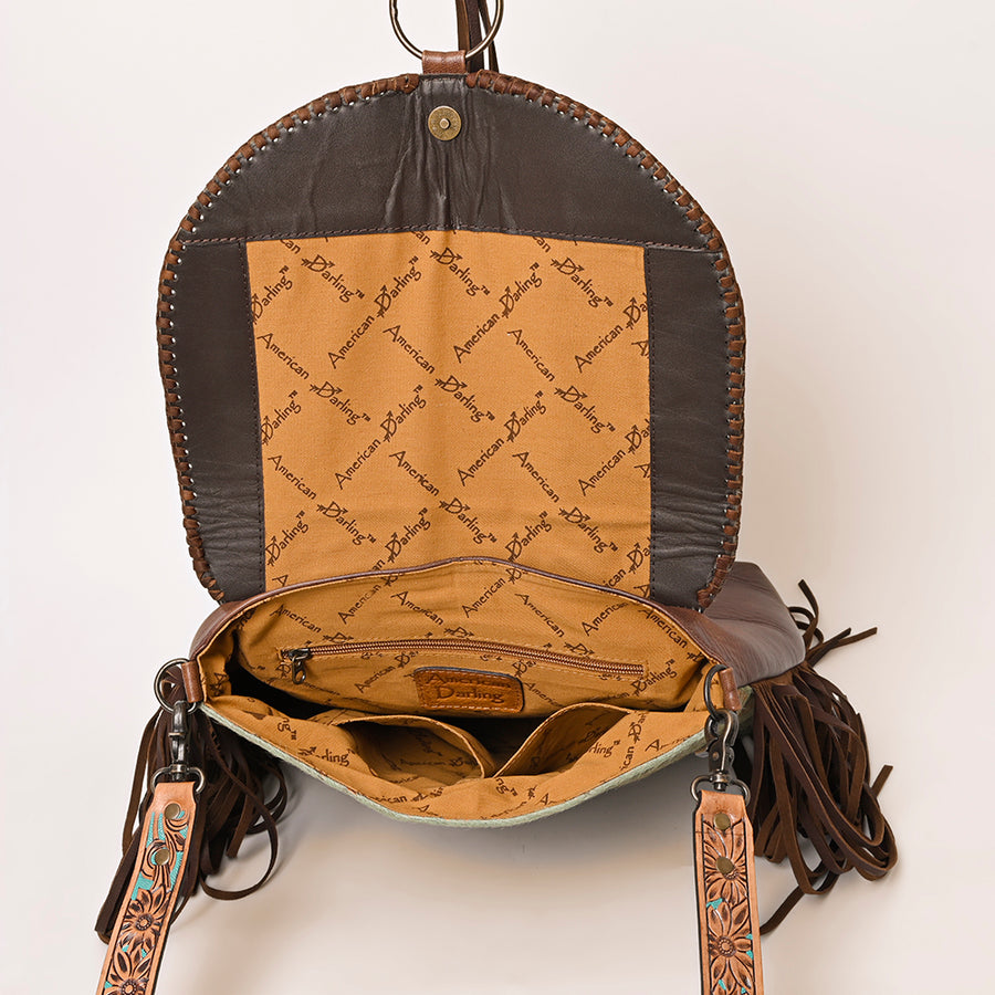 American Darling Large Western Saddlebag Handcrafted from Cowhide | Fringe Detail & Tooled Strap Crossbody Purse