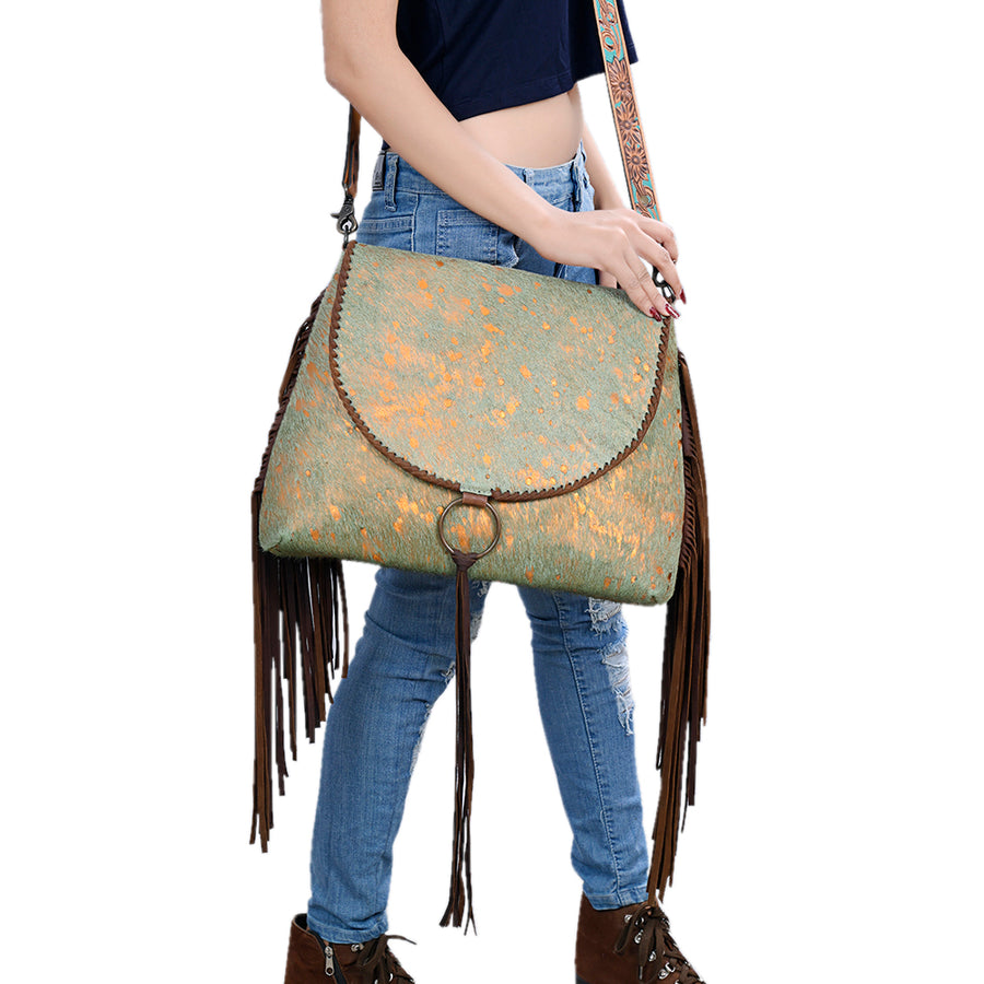 American Darling Large Western Saddlebag Handcrafted from Cowhide | Fringe Detail & Tooled Strap Crossbody Purse