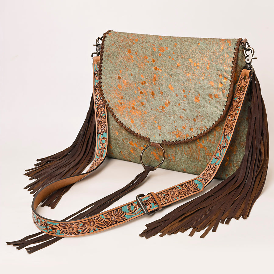American Darling Cowhide Fringe Crossbody | Tooled Leather Bag - Hilason