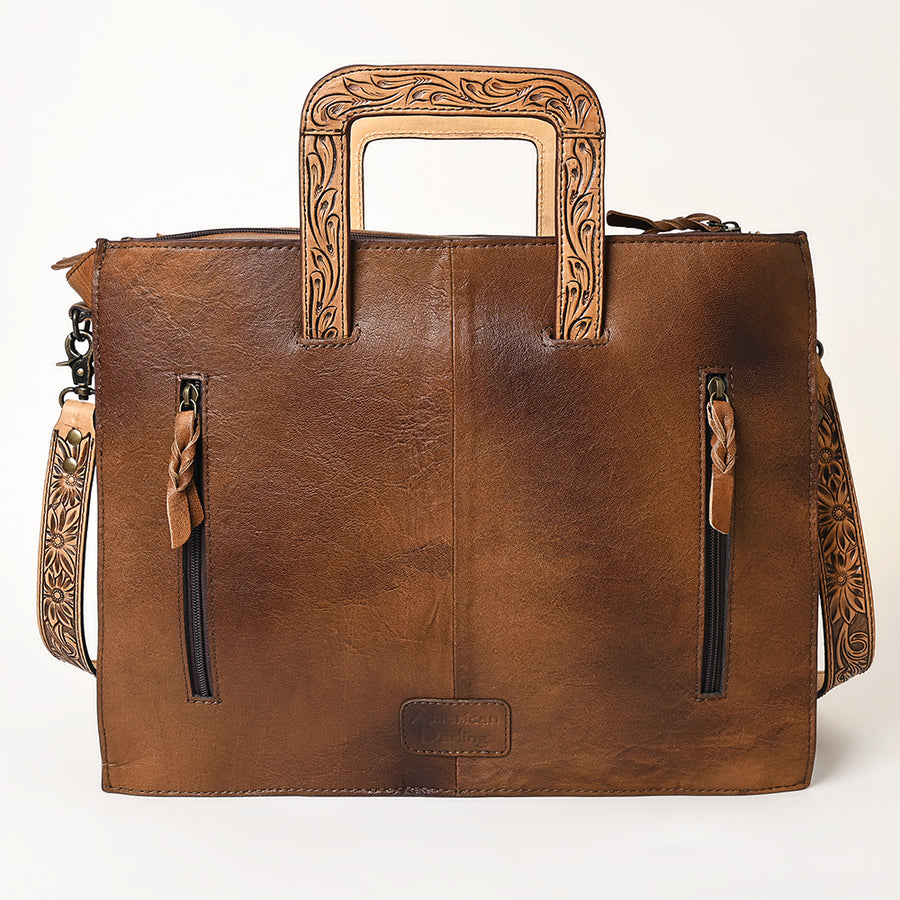American Darling Western Laptop Briefcase Tote Handcrafted from Hand Tooled Genuine Leather | Floral Carved & Multi-Pocket Work Bag