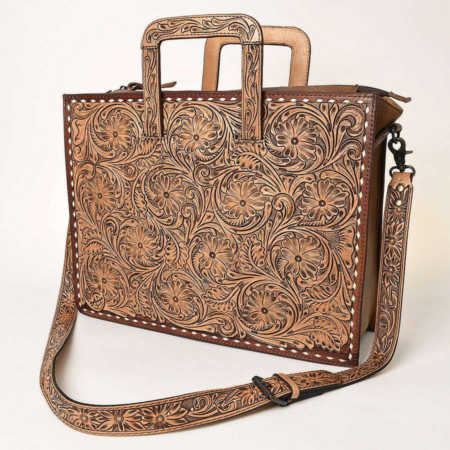 American Darling Hand Tooled Leather Briefcase | Floral Carved Work Bag - Hilason