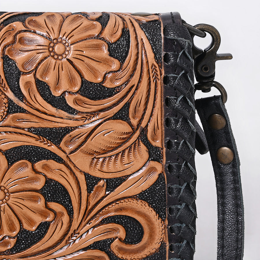 American Darling Small Western Crossbody Bag with Tooled Leather Flap | Woven Body, Wristlet Strap & Multi-Pocket Interior