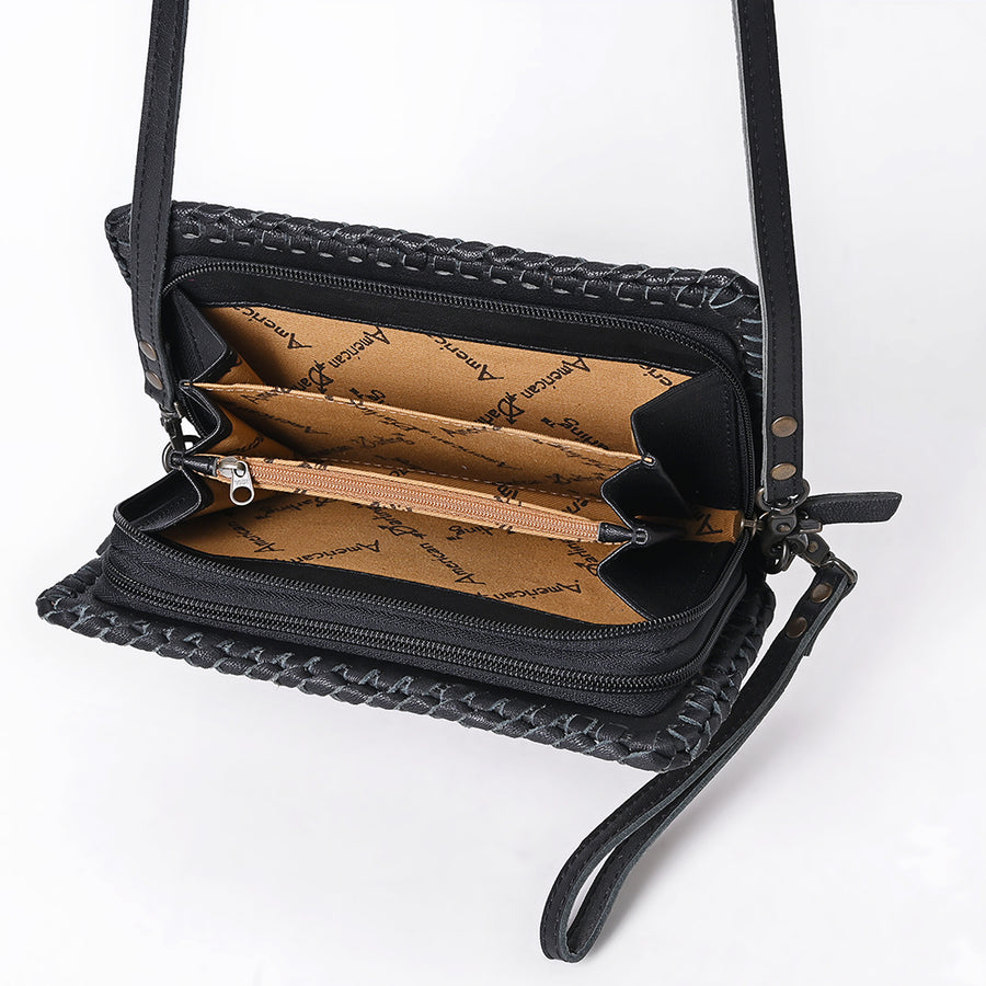 American Darling Small Western Crossbody Bag with Tooled Leather Flap | Woven Body, Wristlet Strap & Multi-Pocket Interior