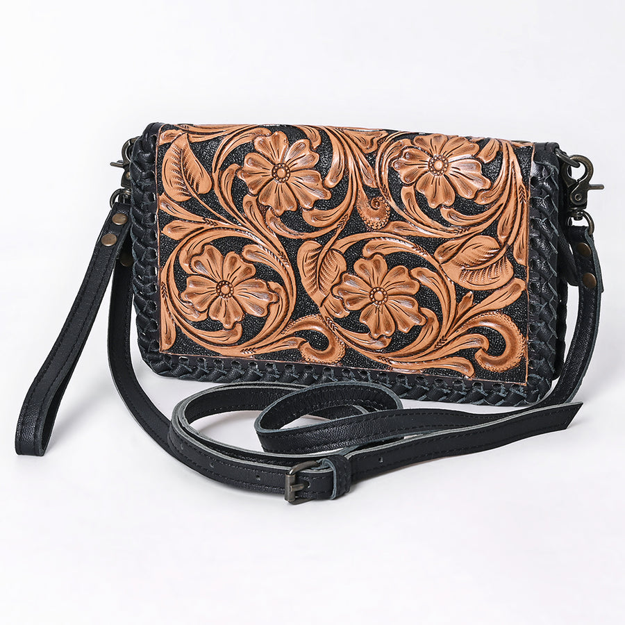 American Darling Hand Tooled Leather Crossbody | Woven Body Floral Purse - Uhorse