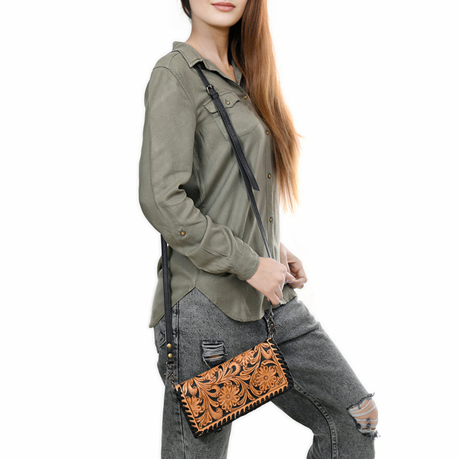 American Darling Western Crossbody Wallet Handcrafted from Tooled Genuine Leather | Floral Carved Flap & Braided Edge Detail