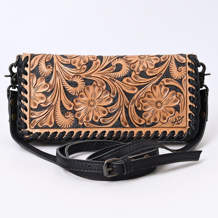 American Darling Western Crossbody Wallet Handcrafted from Tooled Genuine Leather | Floral Carved Flap & Braided Edge Detail