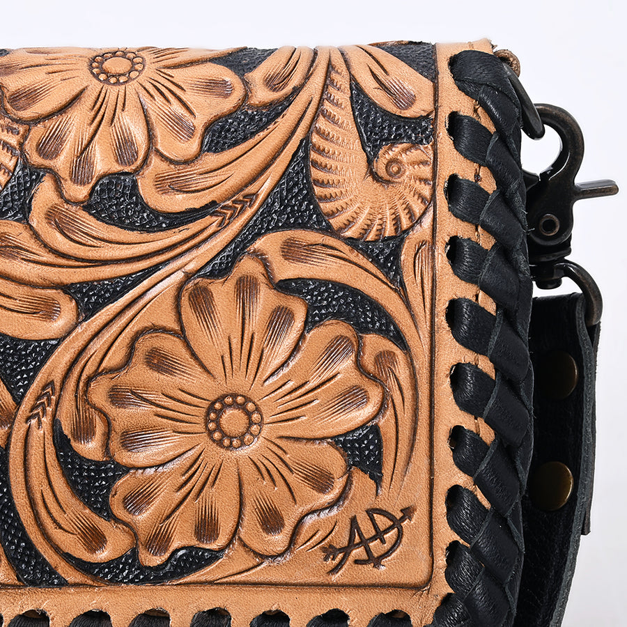 American Darling Western Crossbody Wallet Handcrafted from Tooled Genuine Leather | Floral Carved Flap & Braided Edge Detail