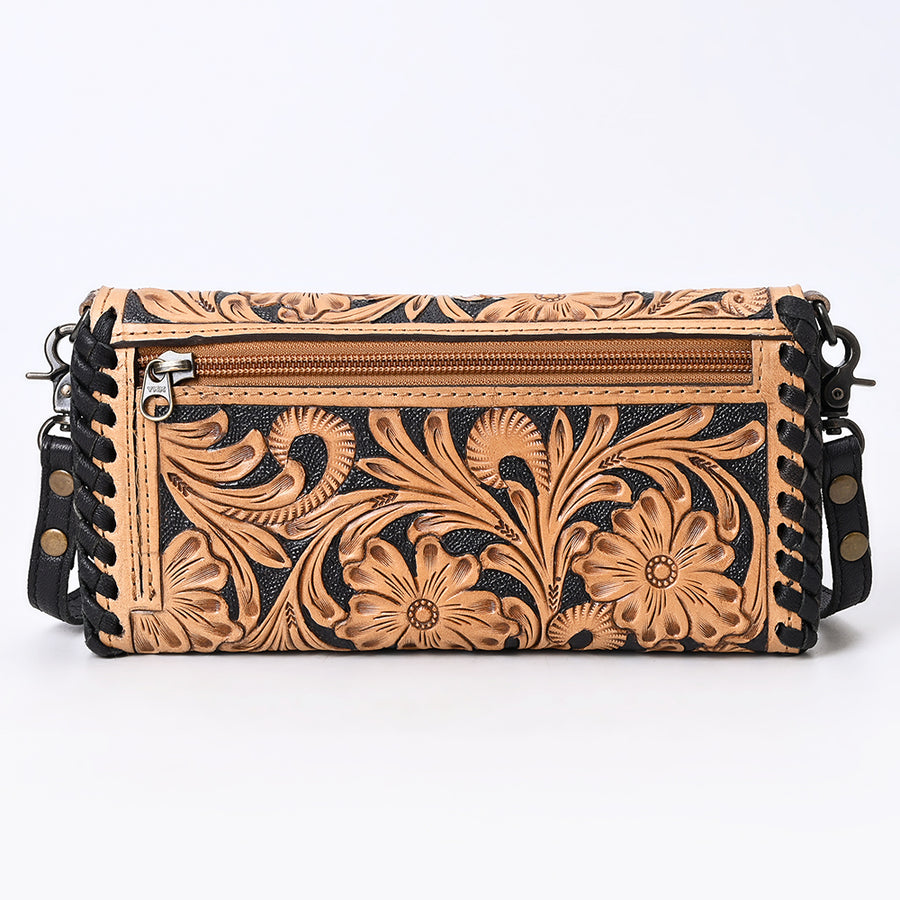 American Darling Western Crossbody Wallet Handcrafted from Tooled Genuine Leather | Floral Carved Flap & Braided Edge Detail
