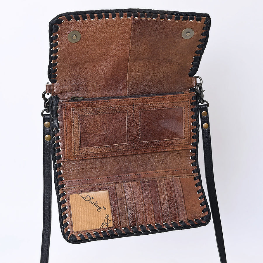 American Darling Western Crossbody Wallet Handcrafted from Tooled Genuine Leather | Floral Carved Flap & Braided Edge Detail
