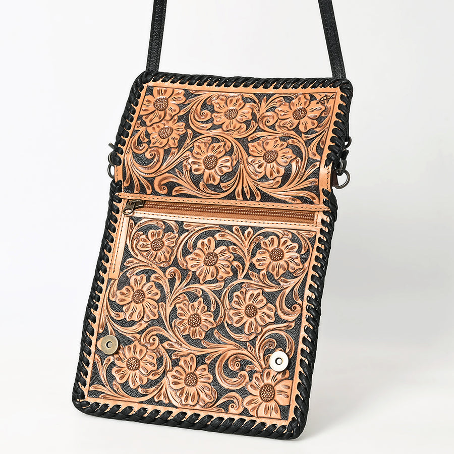 American Darling Western Crossbody Wallet Handcrafted from Tooled Genuine Leather | Floral Carved Flap, Braided Edge & Zip Pocket