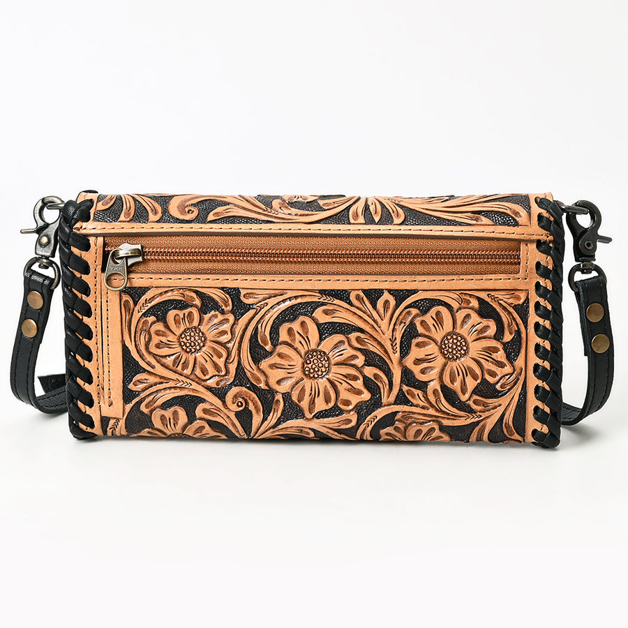 American Darling Western Crossbody Wallet Handcrafted from Tooled Genuine Leather | Floral Carved Flap, Braided Edge & Zip Pocket