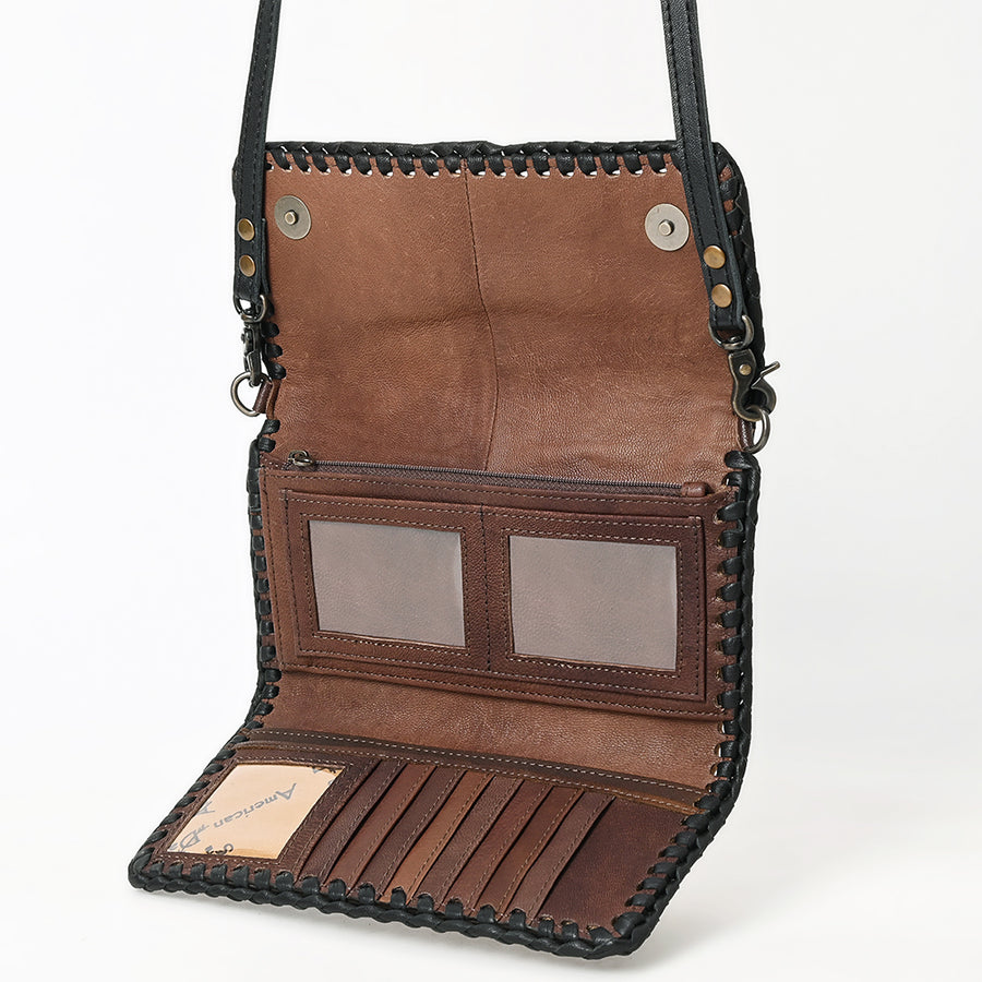 American Darling Western Crossbody Wallet Handcrafted from Tooled Genuine Leather | Floral Carved Flap, Braided Edge & Zip Pocket